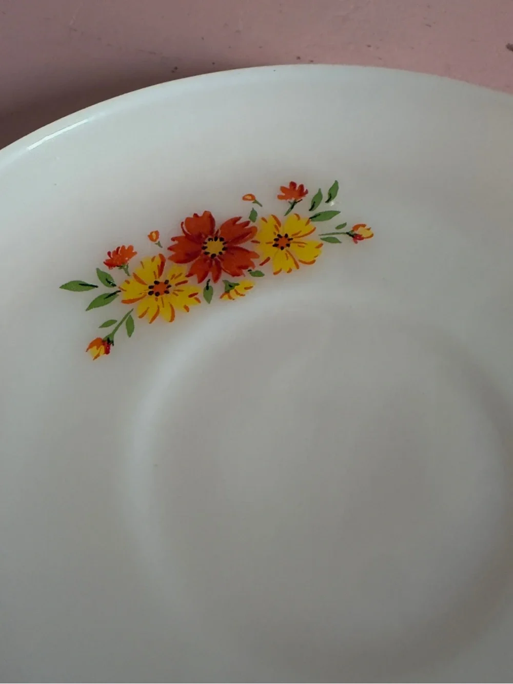 Vintage Anchor Hocking Fire King Ware red floral motif saucer plate 6”